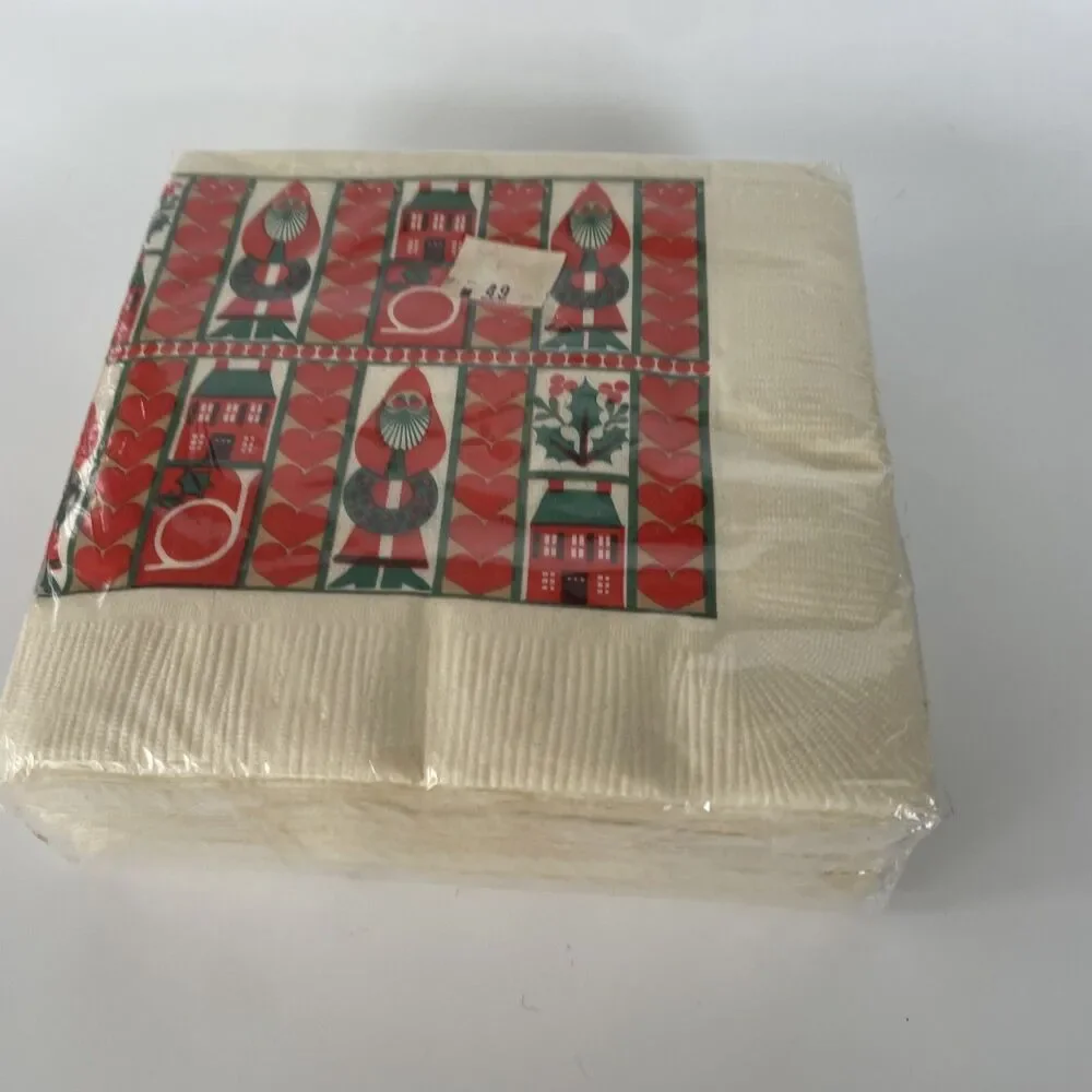 NOS Vintage Christmas Cocktail Napkins Package Of 50 Folk Art Santa Wreath New